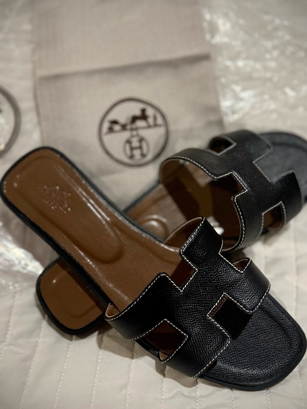 Black Leather Designer (Dupe) Sandals with Brown Insole and white stiching - Picture 2 of 8
